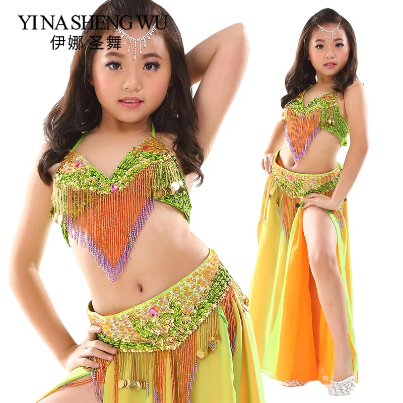 

Girls Belly Dance Set New Kids Dance Practice Costume Beaded Tassel Chiffon Double Slit Stage Performance Costumes 2Pcs/3Pcs Set