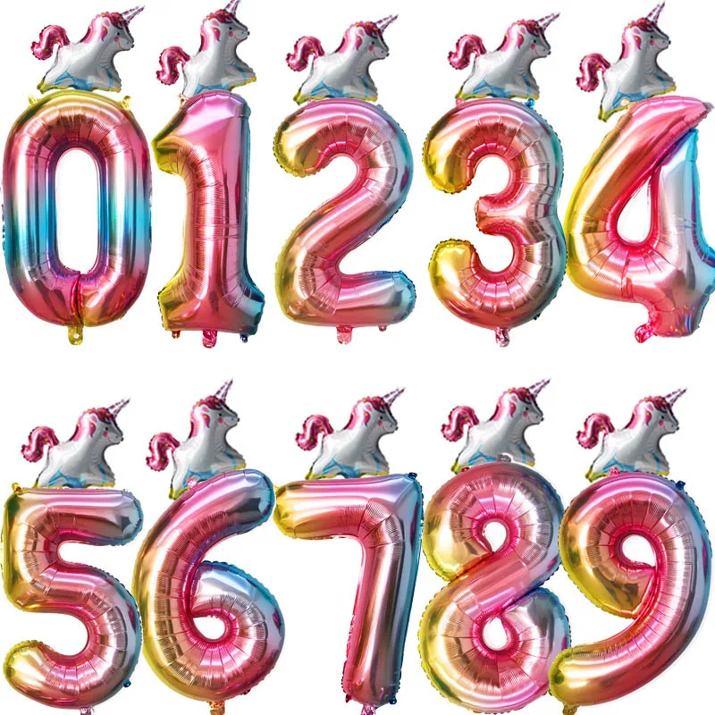 

2Pc 0123456789 Gradient Foil Number Balloons Unicorn Birthday Party Anniversary Party Decor Globos Kids figure Air Ball Supplies