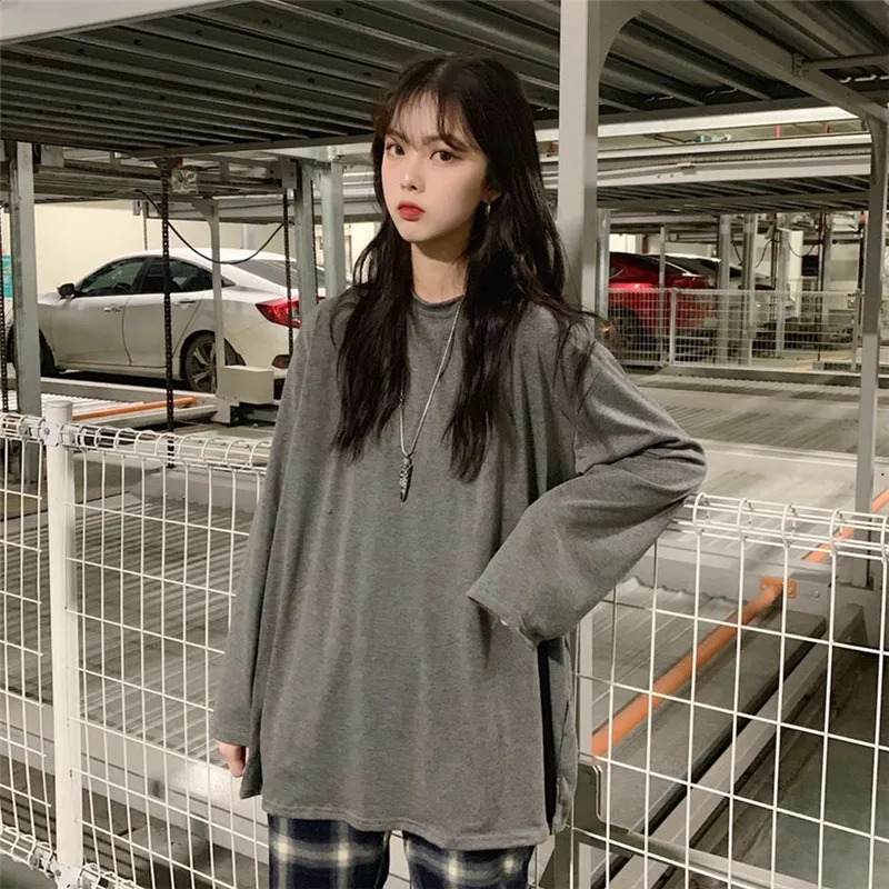 Spring Autumn Thin Women's Clothing harajuku loose Solid Tops O-neck long sleeve BF Tees Casual New ulzzang T-Shirts hipster | Женская