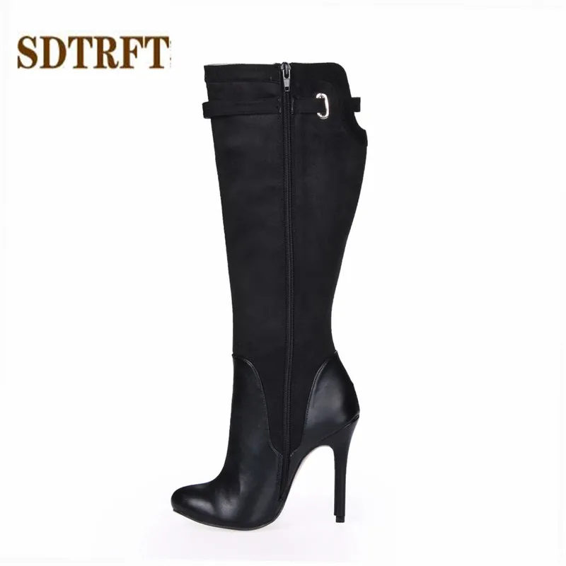 

SDTRFT Stilettos 12cm thin heels Knee-High boots Flock shoes Woman Crossdresser Buckle Botas Zipper PUNK Motorcycle SM pumps