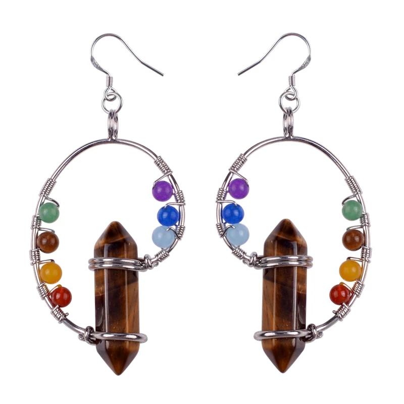 JOYA Fashion 7 Chakra Natural Stone Hexagonal Column 925 Sterling Silver Yoga Treatment Department Exaggerated Women's Earrings