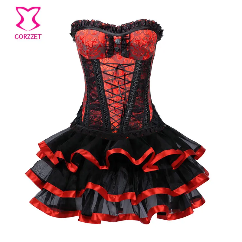 Red/Black Floral Lace Push Up Corsets And Bustiers Gothic Clothing Victorian Corset Sexy Corselet Skirt Set Burlesque Dress