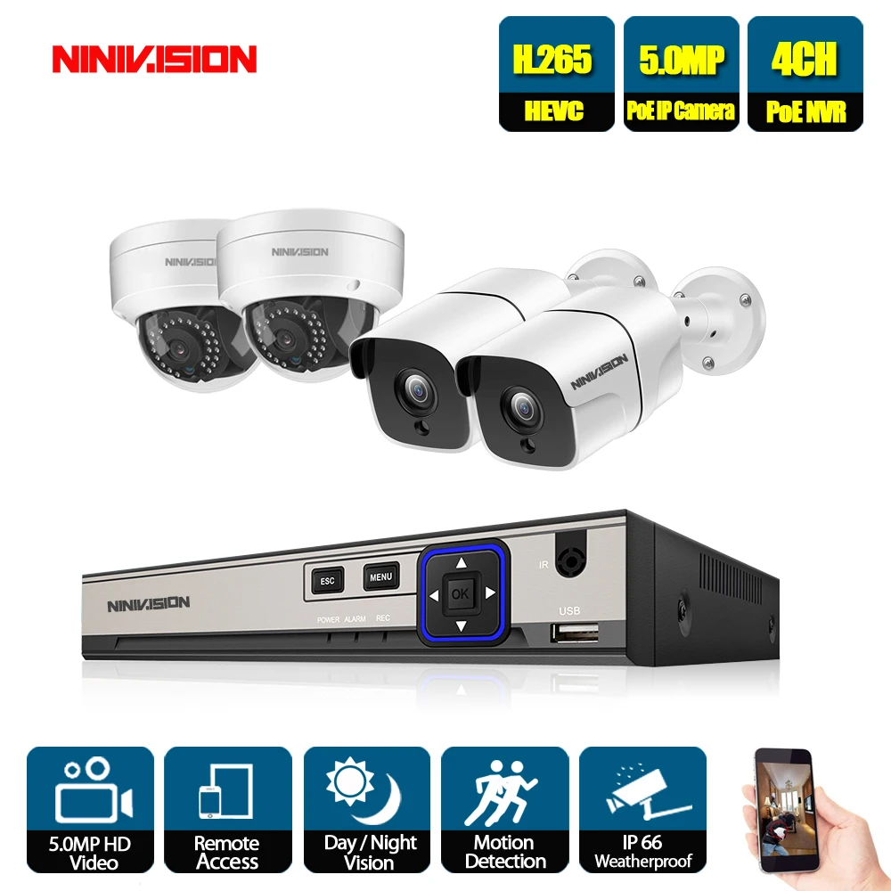 NINIVISION H.265 4CH 48V 5MP CCTV система NVR 5MP POE NVR kit 4X5 Мп 2592*1944 Крытый уличная Антивандальная Водонепроницаемый POE IP Камера