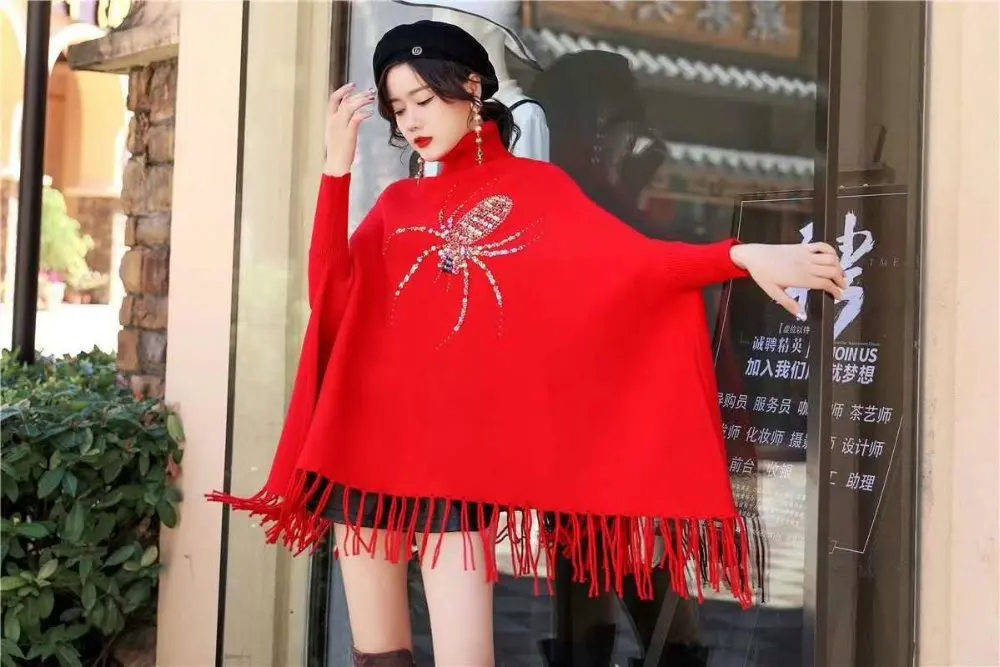 2019 New Personality High Quality Cloak Batwing Sleeve Pullovers Casual Fashion Loose Tassel Spring Autumn Sweater Clothes |