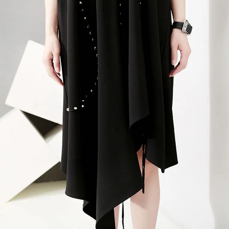 XITAO Split Irregular Black Midi Dress Gold Wild O Neck Patchwork Summer New Korea Fashion Pullover Slim Short Sleeve ZLL3671 | Женская