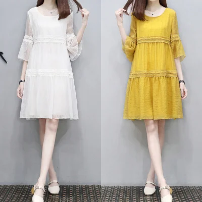 

2019 Korean Summer Casual O-neck Lace Dress Women Chiffon White Knee-length Flare Sleeve Plus Size Loose Woman Cloth Transparent
