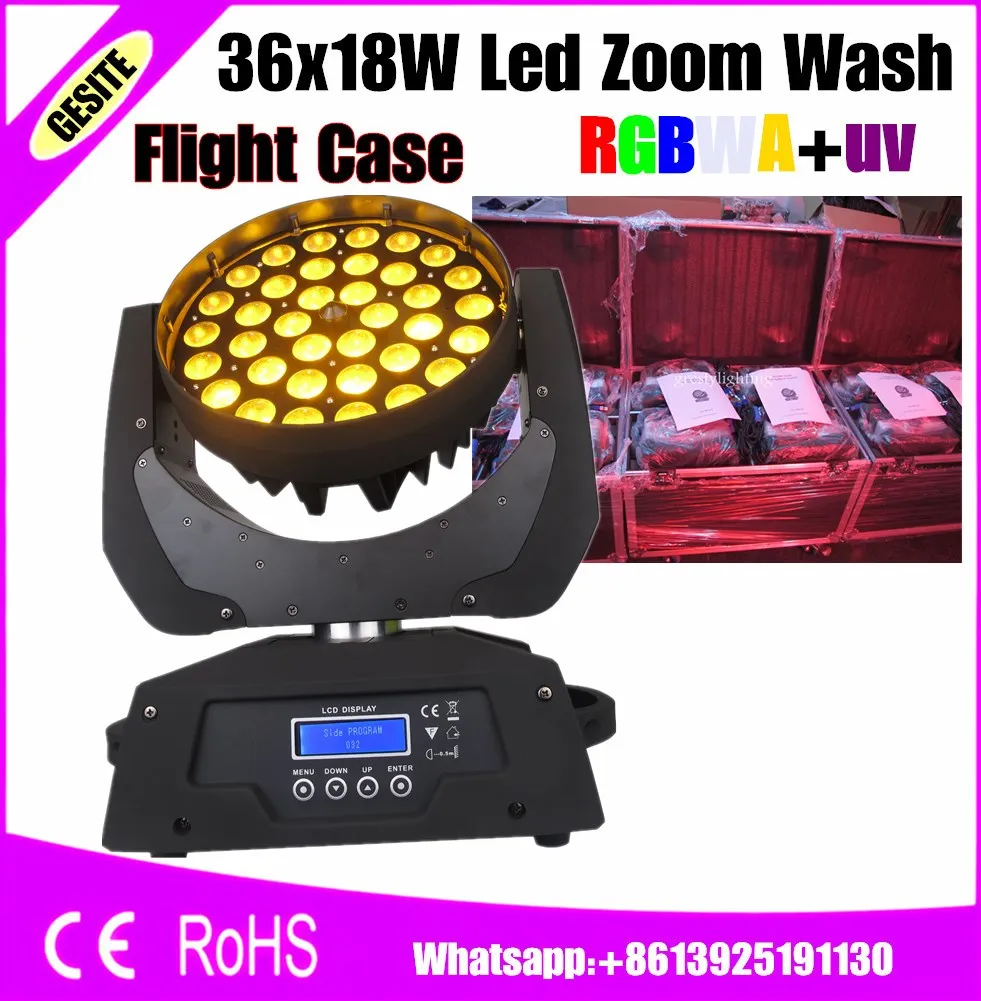 

flight case package 4 pcs/lot LED Zoom Wash 36x18W RGBWA+UV Color DMX Stage Touch Screen,LED Moving Head Wash Light Good for DJ
