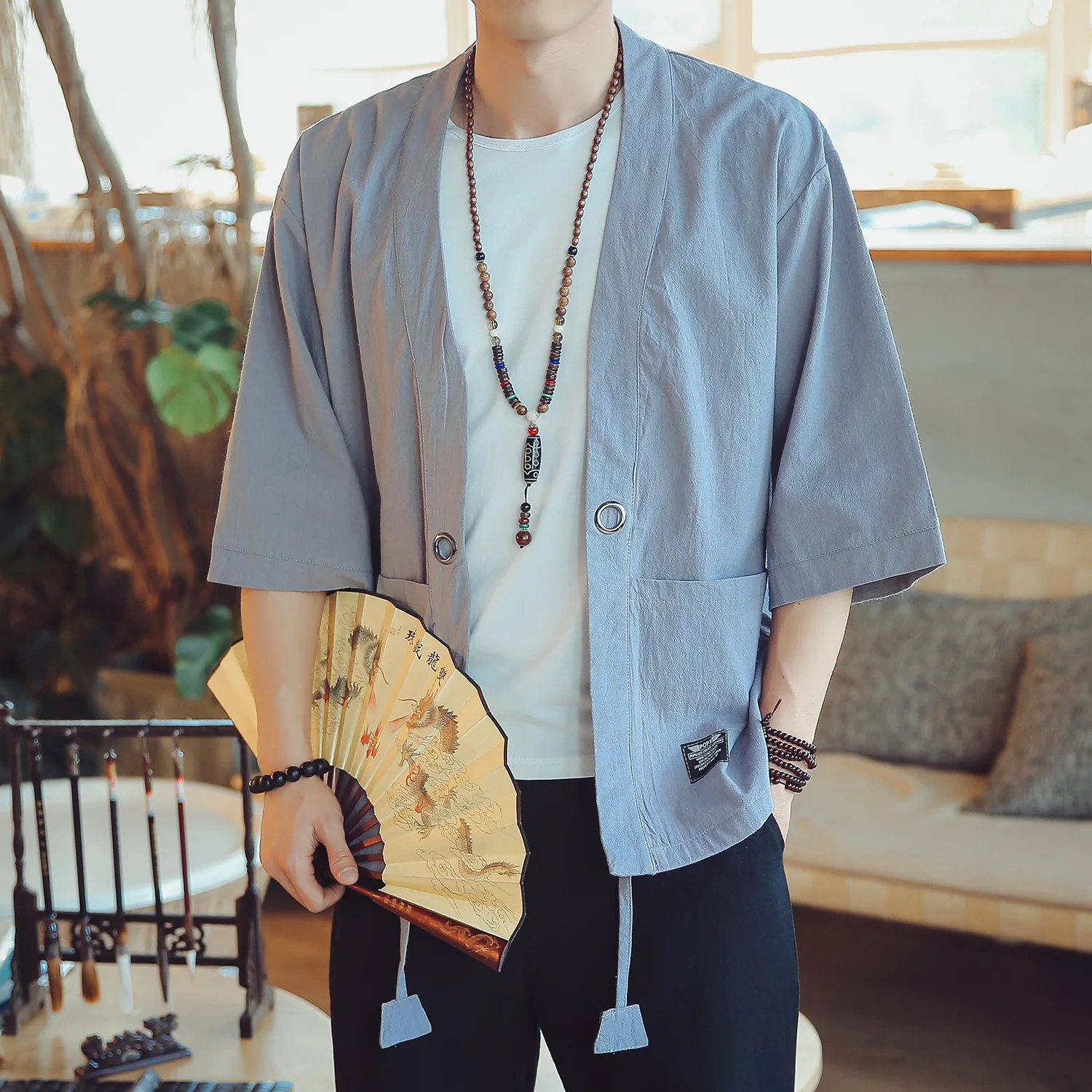 

Chinese style 80s gonfu men comfortable soft linen half sleeve jacket thin vintage kimono casual cardigan high-grade top coat