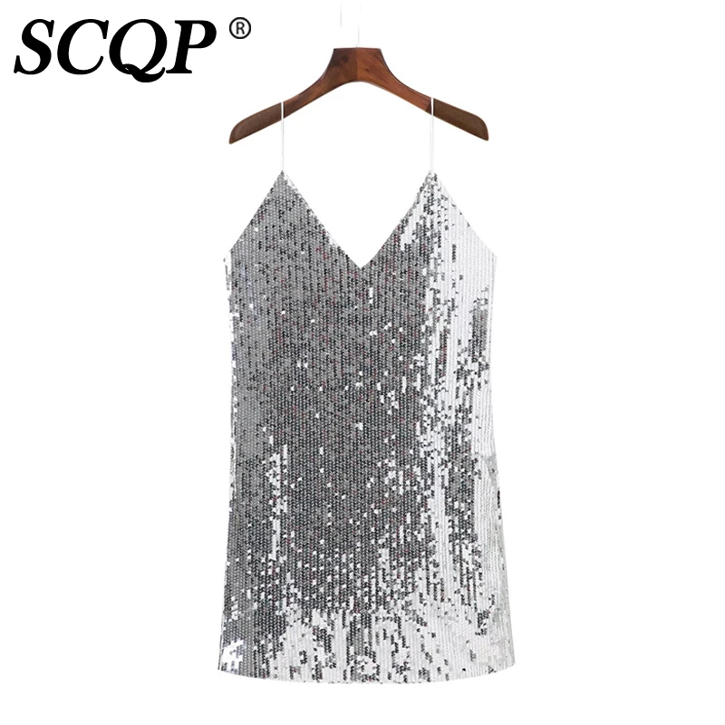 SCQP Блестками Рукавов Блестящие Slip Dress Женская Спинки Сексуальная Элегантный