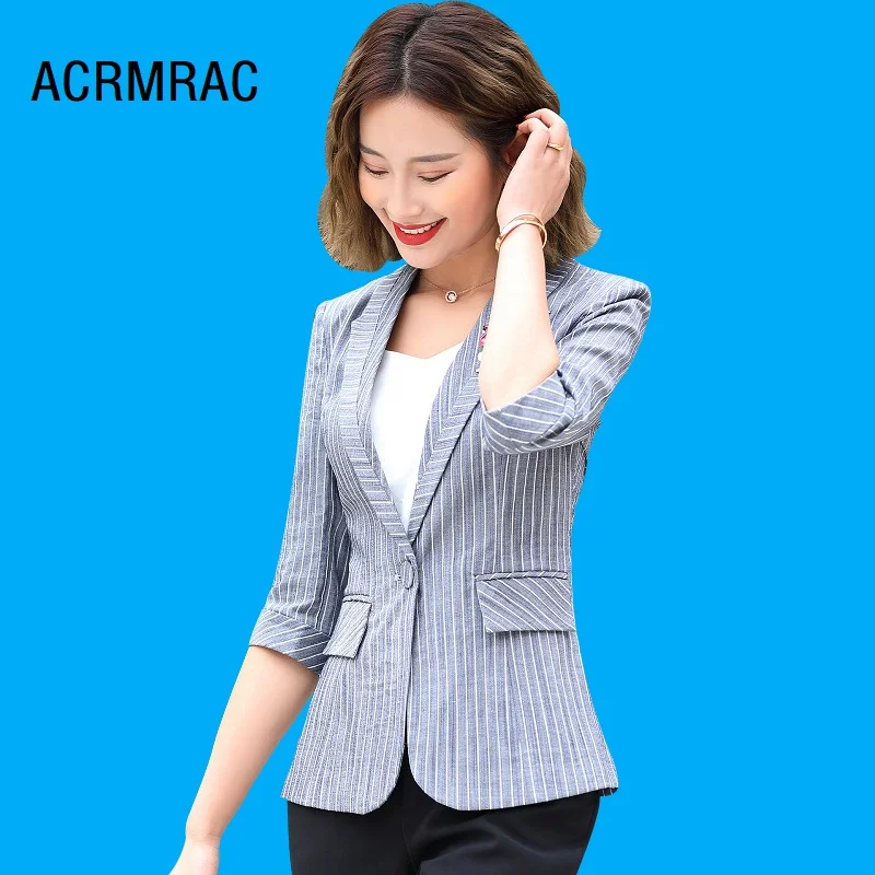 Женская приталенная летняя куртка в полоску тонкая секционная пальто с рукавом