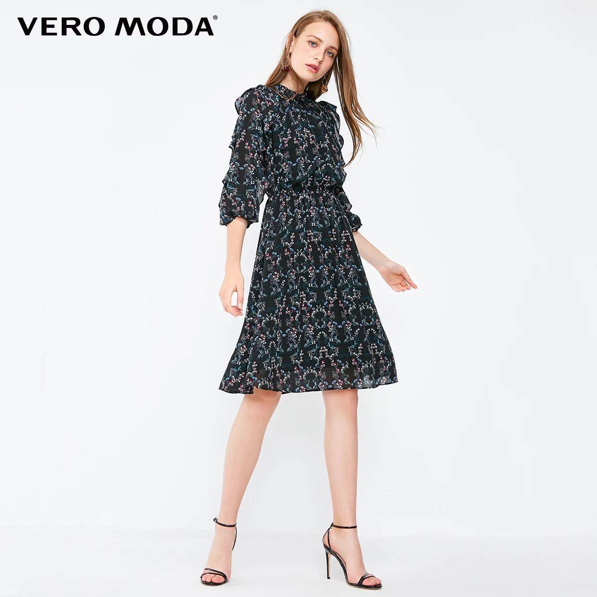 Vero Moda шифоновое платье с оборками и цветочным принтом с рукавами 3/4 | 31837C502
