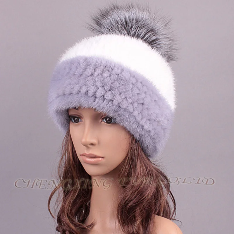 Женская модная шапка из натурального меха норки с помпоном лисьего меха|fashion hat|hat