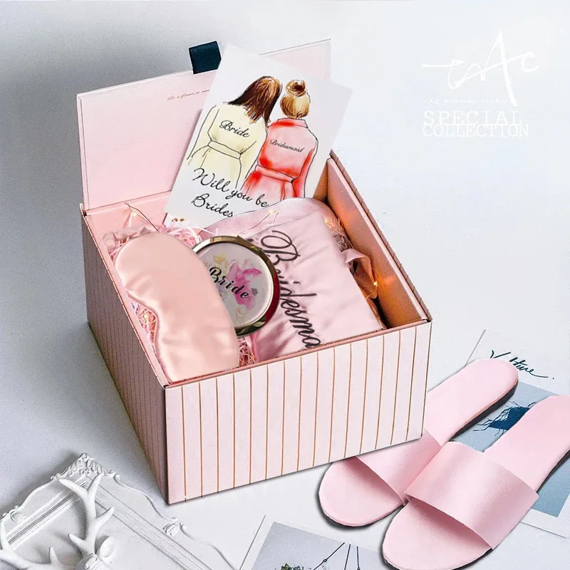 Pink- gifts set ; комплект из 2 предметов; цвет розовый, синий, белый; Свадебный Атласный халат; тапочки; компактный зеркальный индивидуальный Подарочный комплект для подружки невесты - Цвет: Pink- gifts set