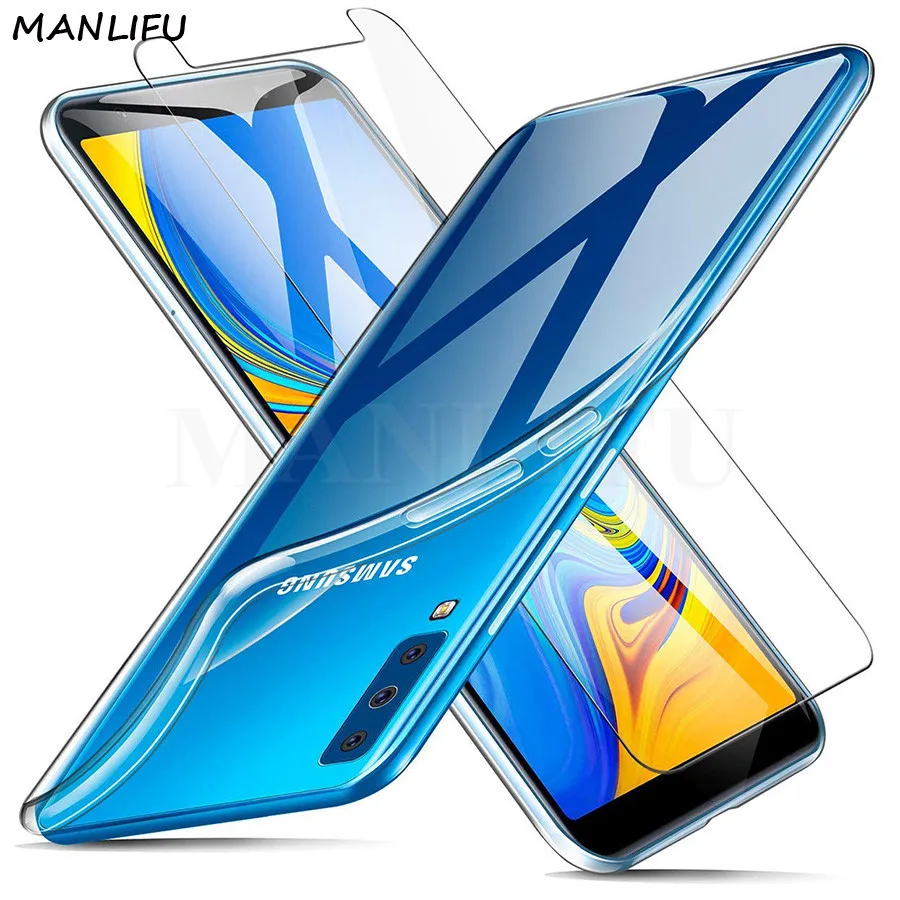 MANLIFU для Samsung Galaxy A7 2018 прозрачный мягкий чехол + Премиум Закаленное стекло Мягкий