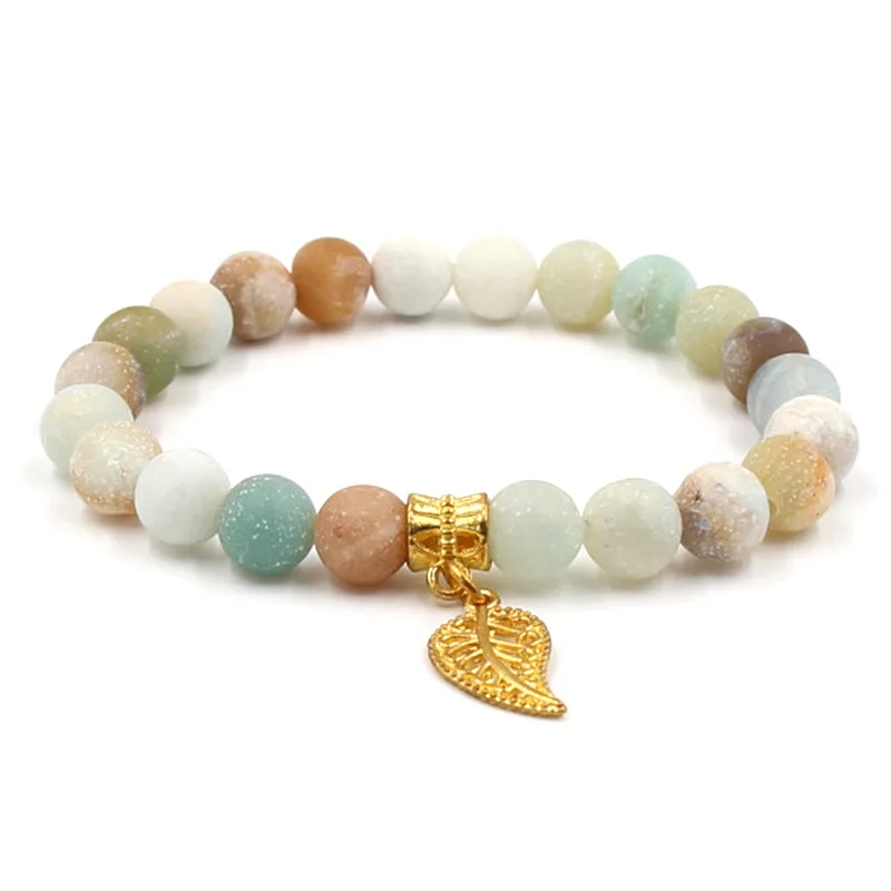 Simple Jewelry Star Leaf Crown Pendant Bracelets 8mm Frosted Amazonite Beaded Bracelet For Women Men Yoga Energy Gifts | Украшения и