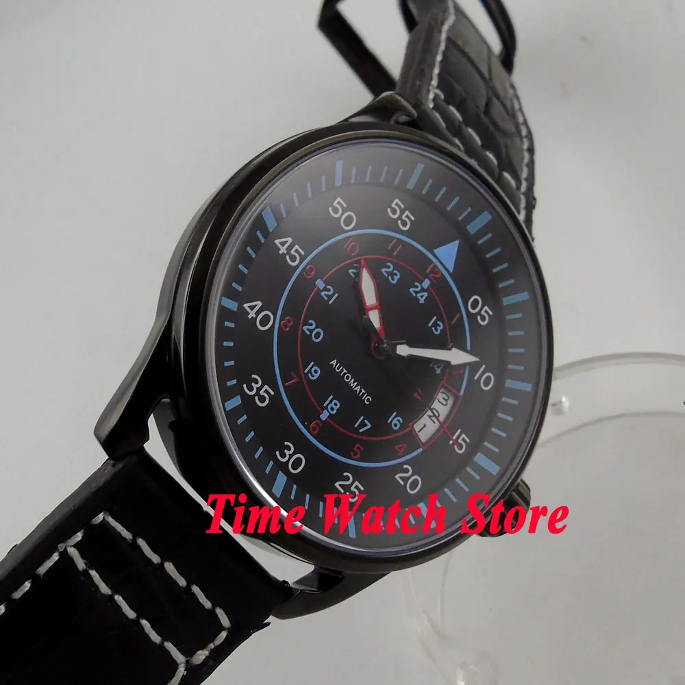 44 мм placa PVD чехол с черным циферблатом синие отметки Дата Окно светящиеся 24 часа