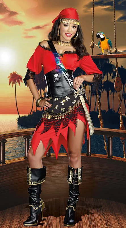 Free Shipping 2014 Newest Women Charming Sexy Red Pirate Costume with Sequine Pattern Halloween Party Cosplay Costumes 0101327 |