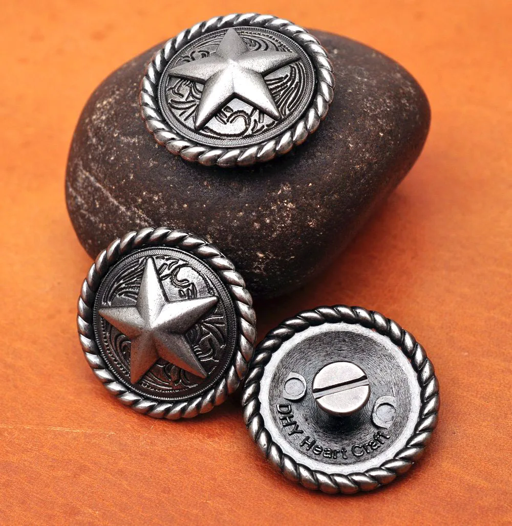 Набор из 10 старинных никелированных круглых веревок EDGE TEXAS RANGER STAR WESTERN SADDLE LEATHERCRAFT METAL CONCHOS 1-1/4"