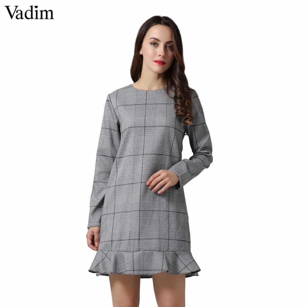 Платье Vadim женское клетчатое мини платье с длинным рукавом и оборками|vestidos mujer|mini