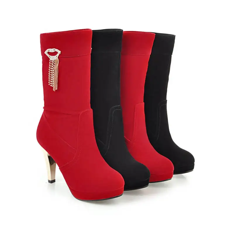 

Smeeroon 2020 new arrival ankle boots for women flock autumn winter boots slip on high heels platform boots shoes woman black
