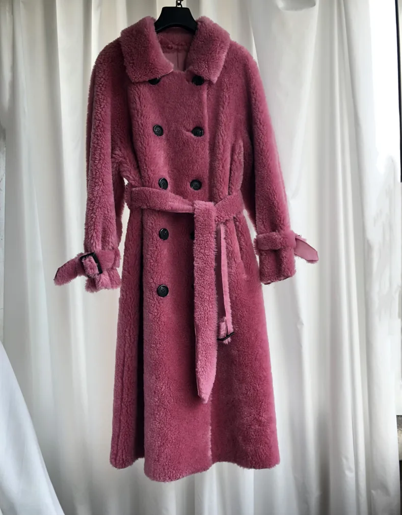 rose pink WSYORE длинная шерсть шуба новая зимняя двубортная ветровка стеканое овечье пальто шерстяная куртка с мехом NS1323 - Цвет: rose pink