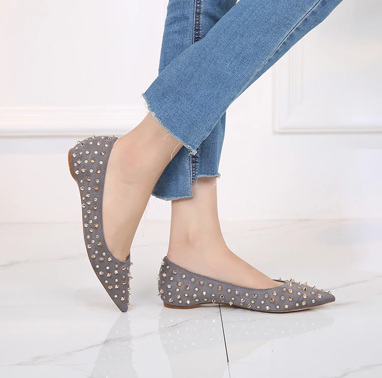 2018 Fashion rivets women flats shoes Sexy Pointed toe low heels lady party casual suede wedding motorcycle GREY 34 | Обувь