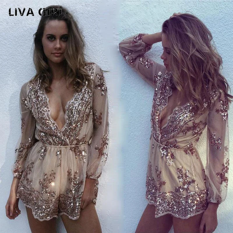 Женский комбинезон с блестками liva girl глубоким v образным вырезом короткое