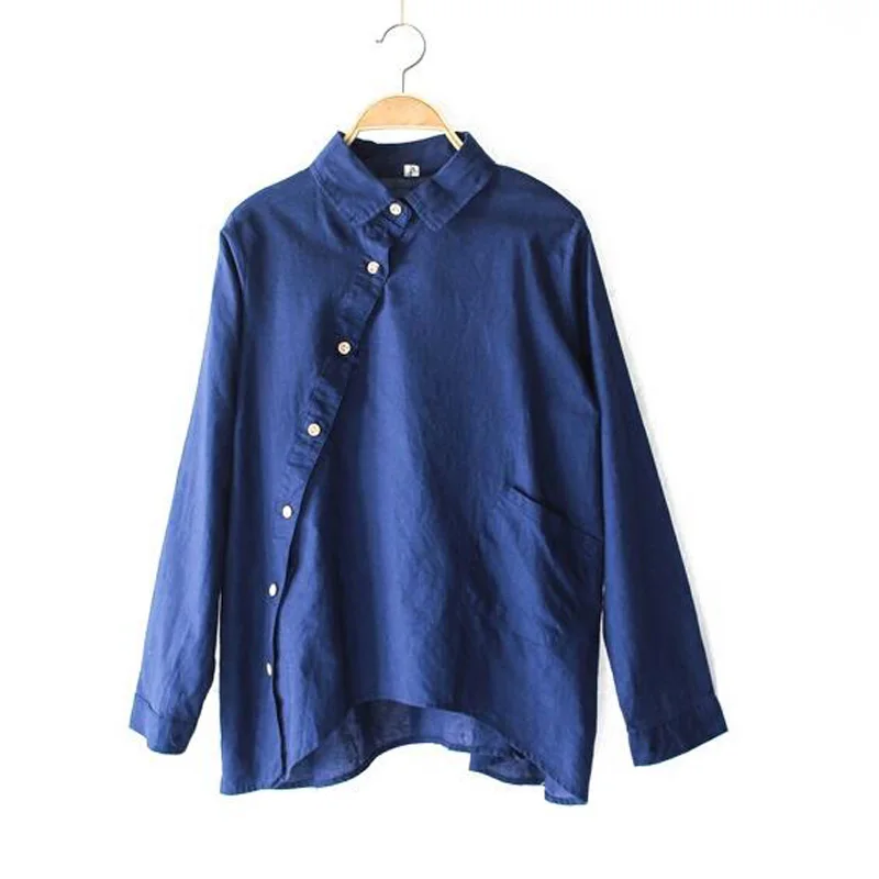 

Nefeilike 2018 New Women Blue Shirt Cotton Linen Turn-down Collar Spring Autumn Long Sleeve Loose irregular Blouse
