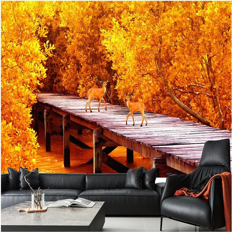 Красивые осенние фотообои с изображением Красного кленового леса лося крика