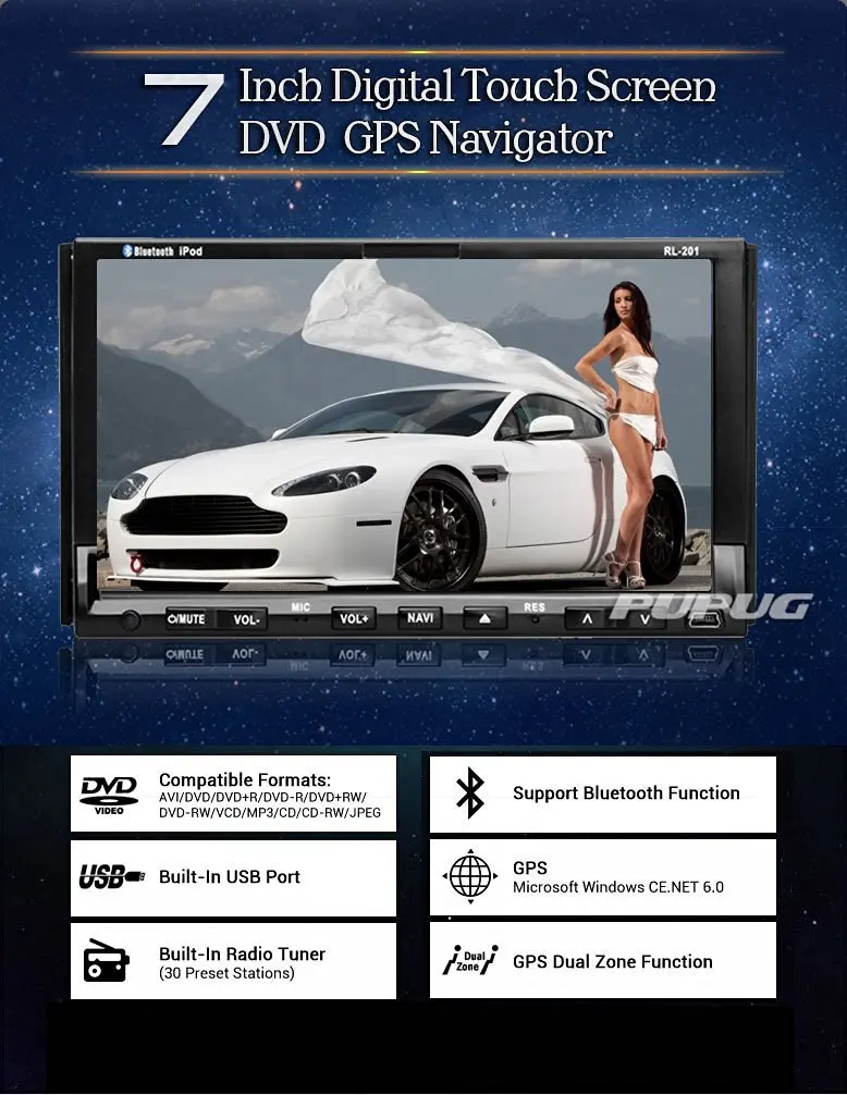 7 inch двойной din dvd-плеер автомобиля раздвижные сенсорный экран 8 ГБ GPS Navigato стерео FM