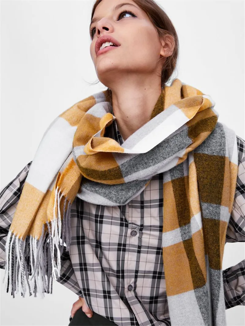 

POBING Luxury Brand Soft Cashmere Scarf Women za Tartan Plaid Scarves Shawl Wraps Winter Blanket Pashmina Lady Cape Long Stoles