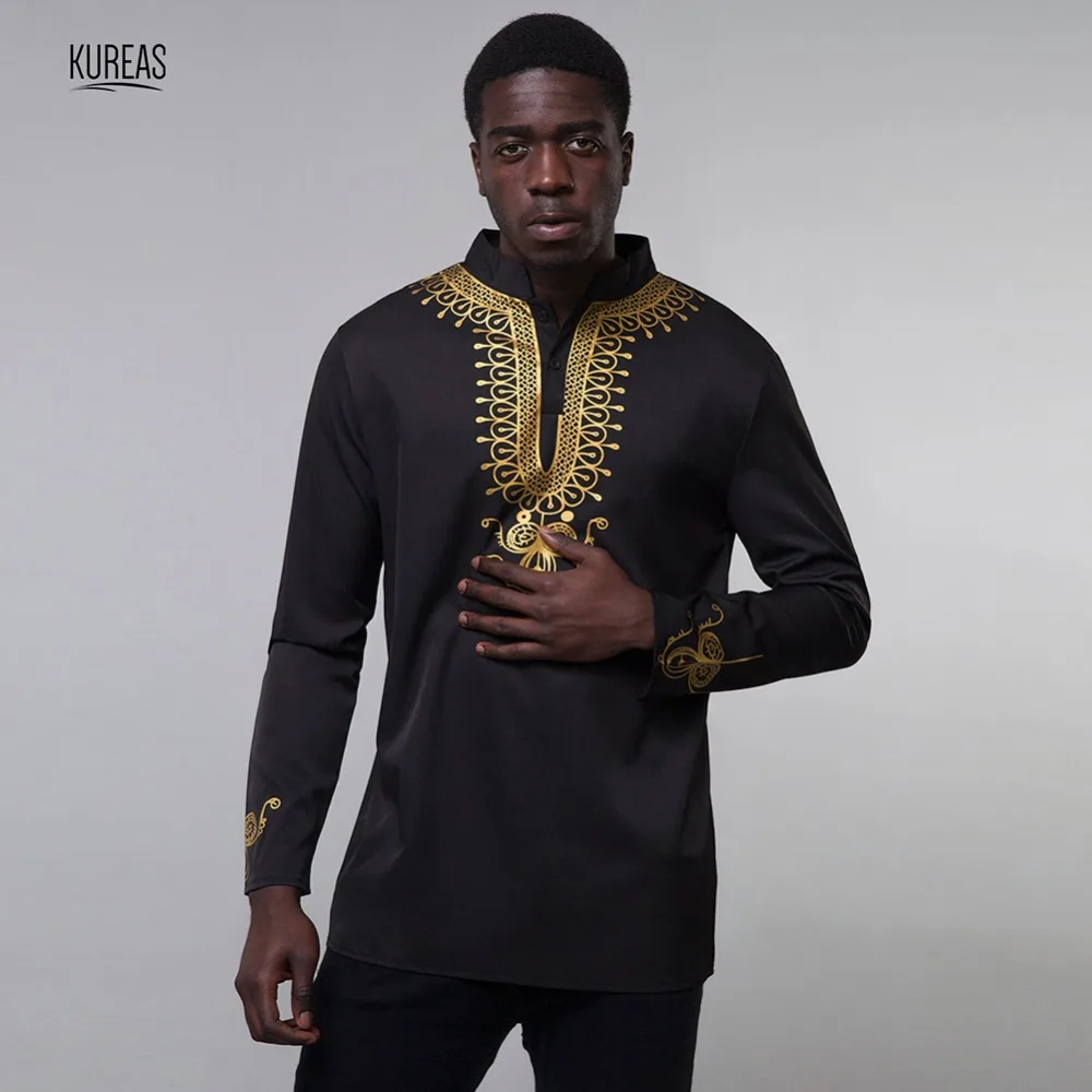 Kureas Dashiki Мужская африканская одежда с золотым принтом Футболки с длинным рукавом Топы со стоячим воротником Slim Fit традиционная африканская одежда