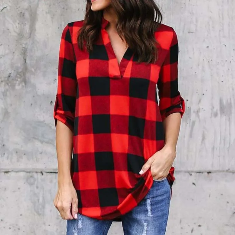 Women Fashion V Neck Long Sleeve Loose Blouse Casual Check Plus Size S 5XL Plaid Baggy Shirts Classic Pullovers |