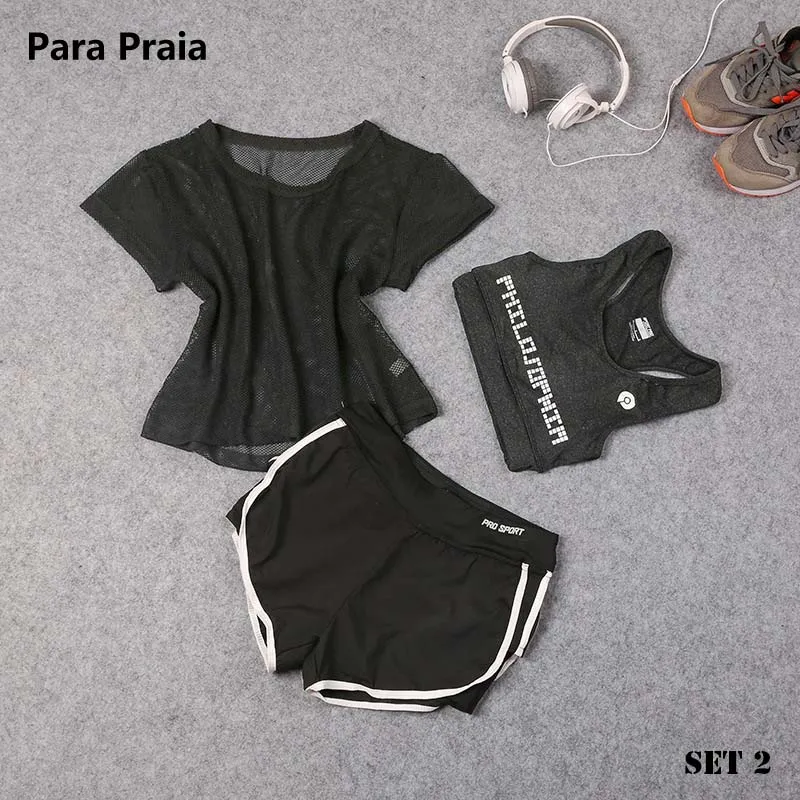 Set 2 Спортивная одежда, комплект из трех предметов для йоги, Спортивная рубашка для женщин, спортивный бюстгальтер для фитнеса, расклешенные штаны, леггинсы, спортивный костюм, леггинсы для спортзала, 15 цветов - Цвет: Set 2