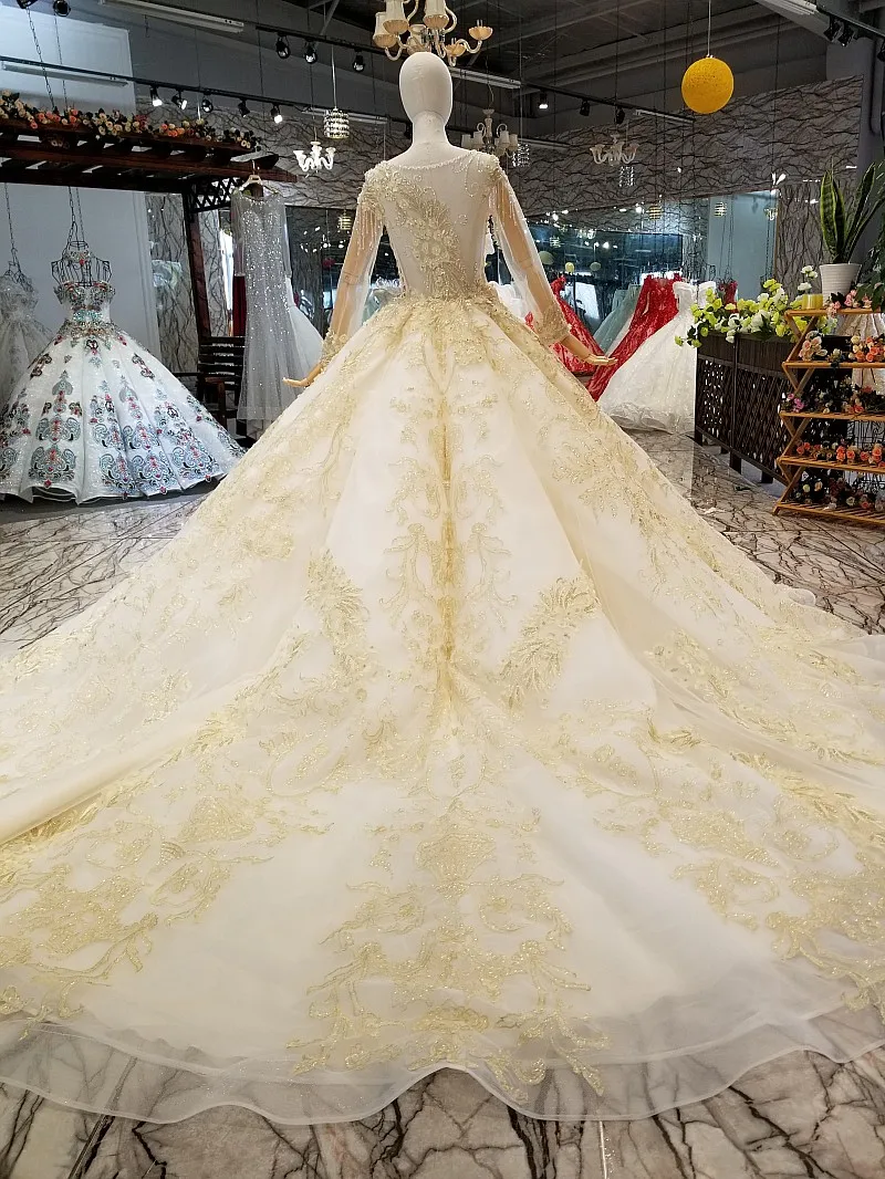 LS369470 Золотое кружевное блестящее свадебное платье Роскошные Длинные тюлевые