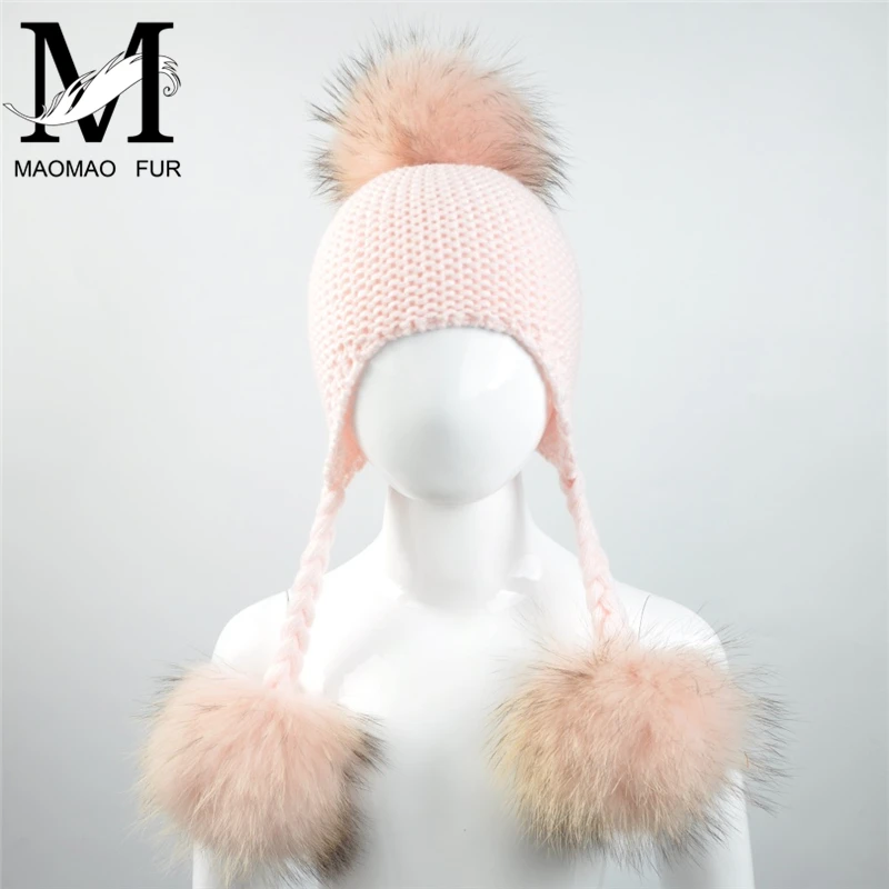 Baby Winter Real Fur Hats for Children Girls Natural Fur Pompom Beanie Cap Kids Raccoon Fur Pom Pom Ball Crochet Baby Hats