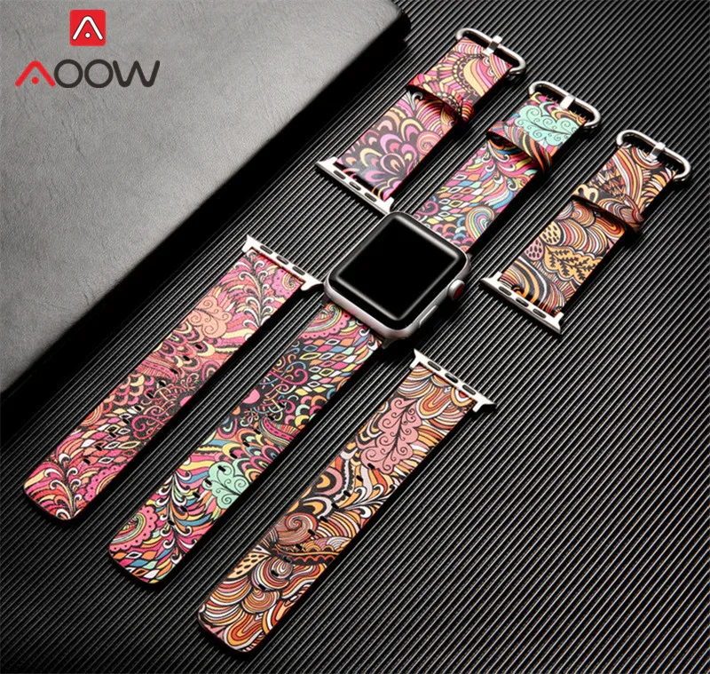 Кожаный ремешок для часов Apple Watch 38 мм 42 мм 40 мм 44 мм цветочный ремешок с цветочным принтом Национальный стиль браслет для iwatch 1 2 3 4
