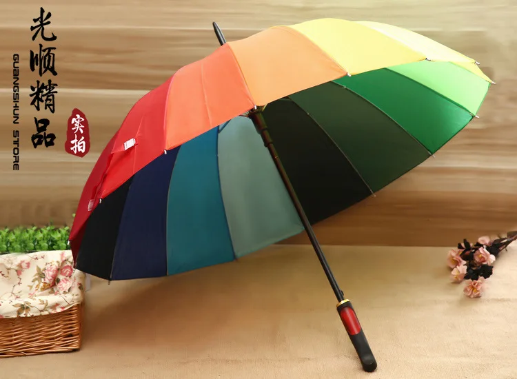 

16k ребро Цвет Радуга Мода длинная ручка прямой анти-УФ солнце/дождь палка зонтик ручной большой зонтик