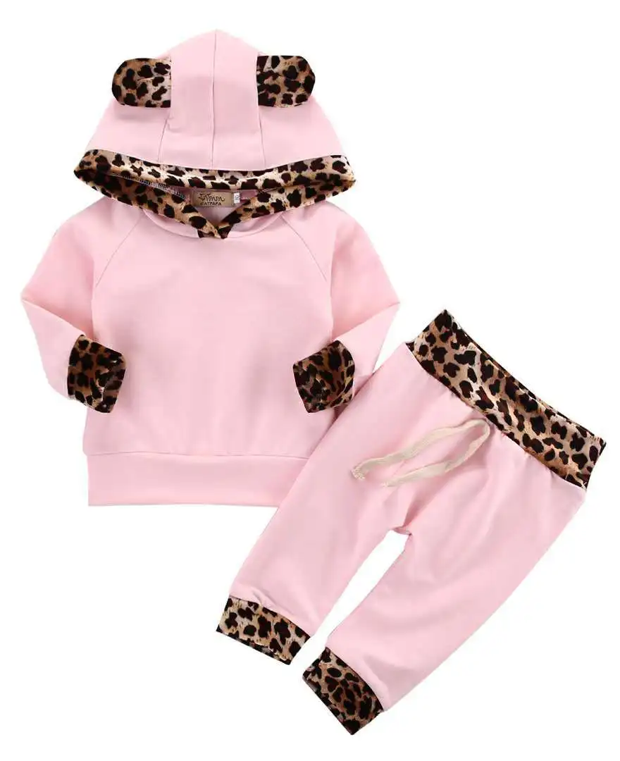 Infant Toddlerm Newborn Baby Girl Clothes Leopard Side Pink Coat Hoodie Top Sweatshirt Pants Leggings Outfits Set |