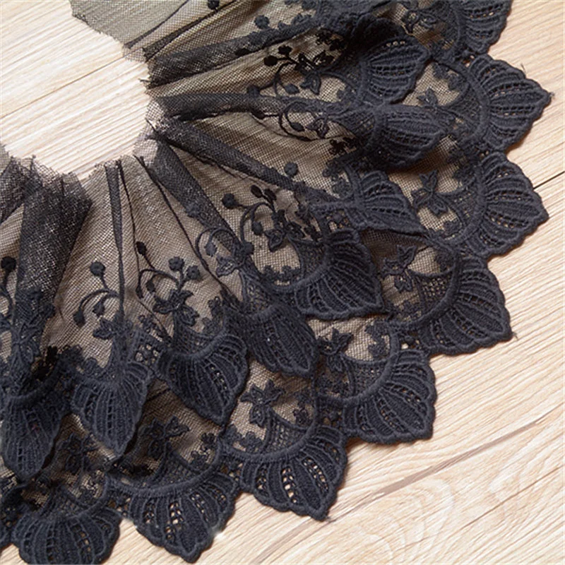 

5yards/lot 18cm Wide Handmade DIY Double Layer Guipure Cotton Embroidery Black Lace Trim Fabric Garment Accessories-QX