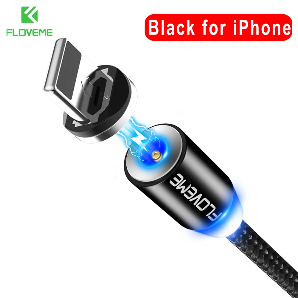 Black for iPhone FLOVEME 1 м/2 м светодиодный магнитный кабель, Micro USB кабель type C Магнитный зарядный кабель 2A Плетеный телефонный кабель для iPhone Xr Xs X samsung usb c - Цвет: Black for iPhone