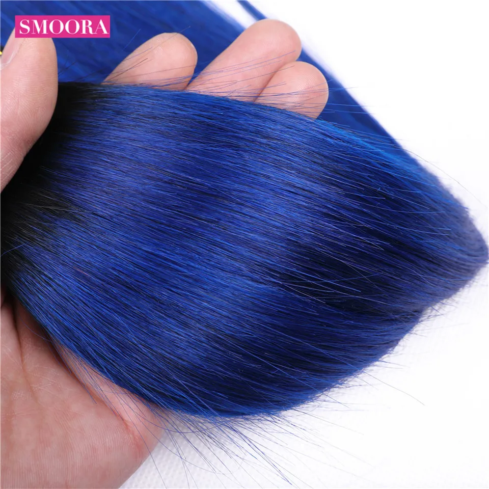 Smoora Ombre 1B/синие бразильские волосы, 3 пучка, прямые, не Реми, Омбре, человеческие волосы, плетение, пучки с кружевом, 4*4, часть