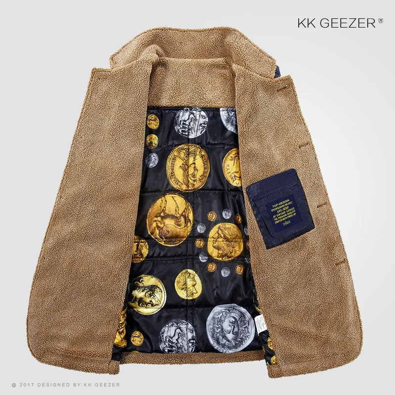 Кожаная куртка для мужчин флисовая Осенняя Длинная шерстяная стоячая ягненка