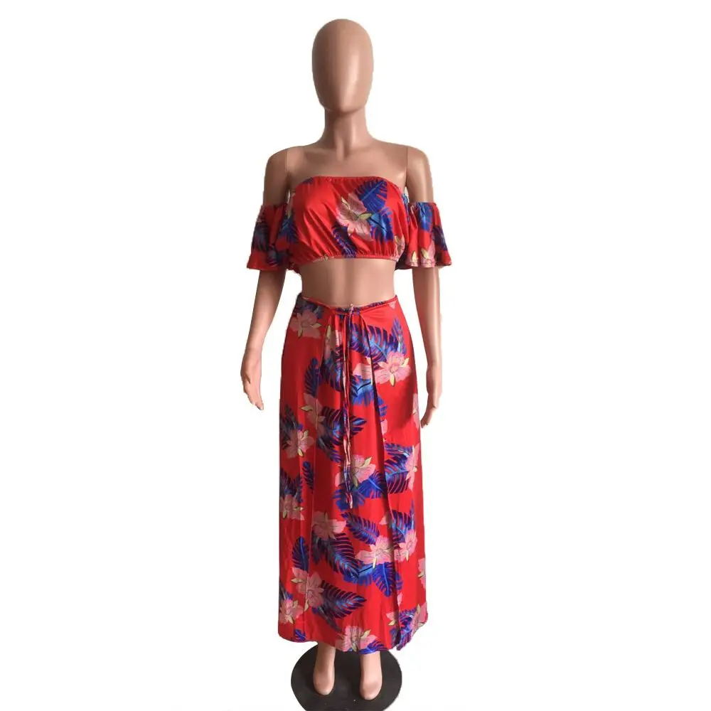 Sexy Ruffles Slash Neck Crop Top and Split Long Skirt Women 2 Two Piece Set 2019 Summer Floral Print Boho Beach Dress | Женская одежда