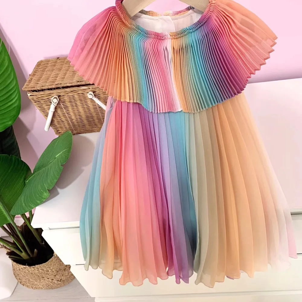 

Girls party dress summer design rainbow colorful summer baby girls dress