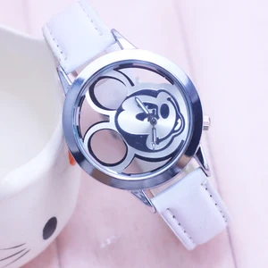 2018 модные женские кварцевые часы с Микки-Маусом, повседневные прозрачные открытые кожаные Наручные часы с циферблатом, ЖЕНСКИЕ НАРЯДНЫЕ часы