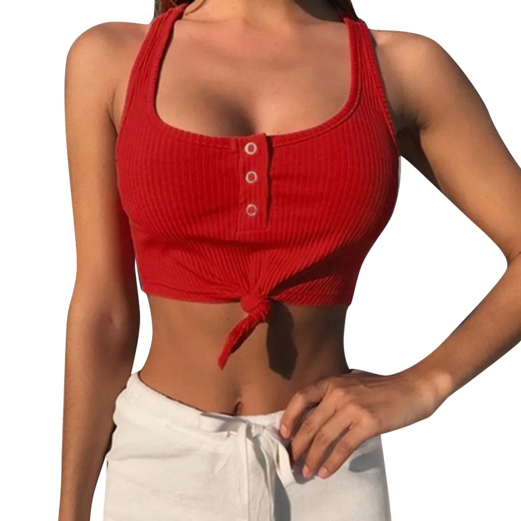 Модные женские Сексуальная Кнопка жилет шлейки с открытыми плечами Футболка