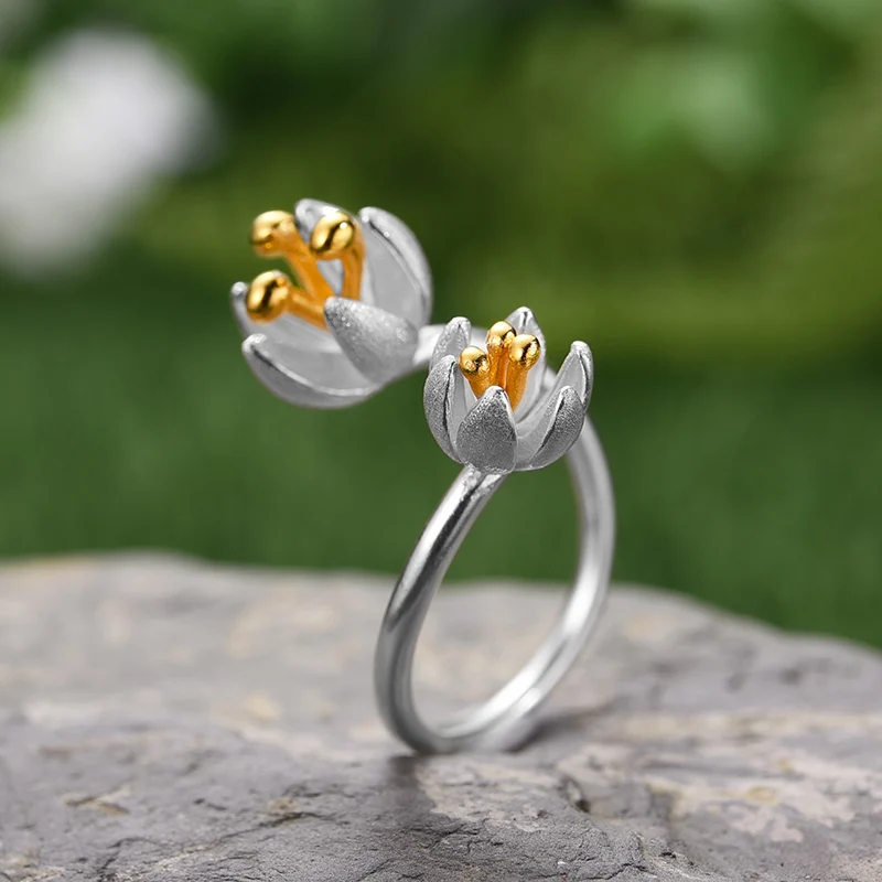 Lotus Fun Настоящее серебро 925 проба Натуральный ручной работы дизайнерские ювелирные изделия Регулируемые свежие цветущие цветочные кольца для женщин - Цвет камня: Серебристый