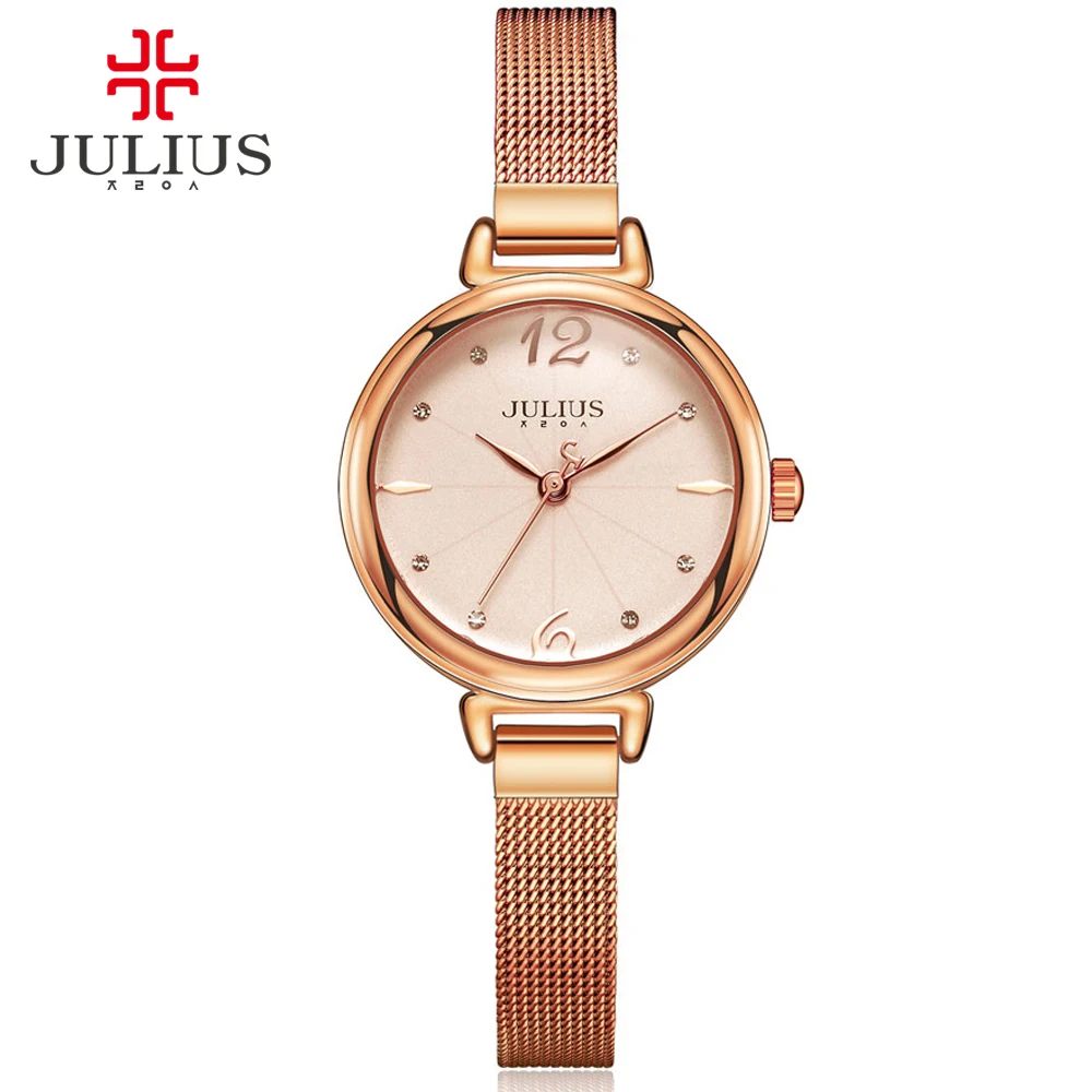 JULIUS JA-934 Brand Ladies Rose Gold Watch Round Dial Full Steel Mesh Band Japan Quartz Dress Watch Women Waterproof Gift Clock