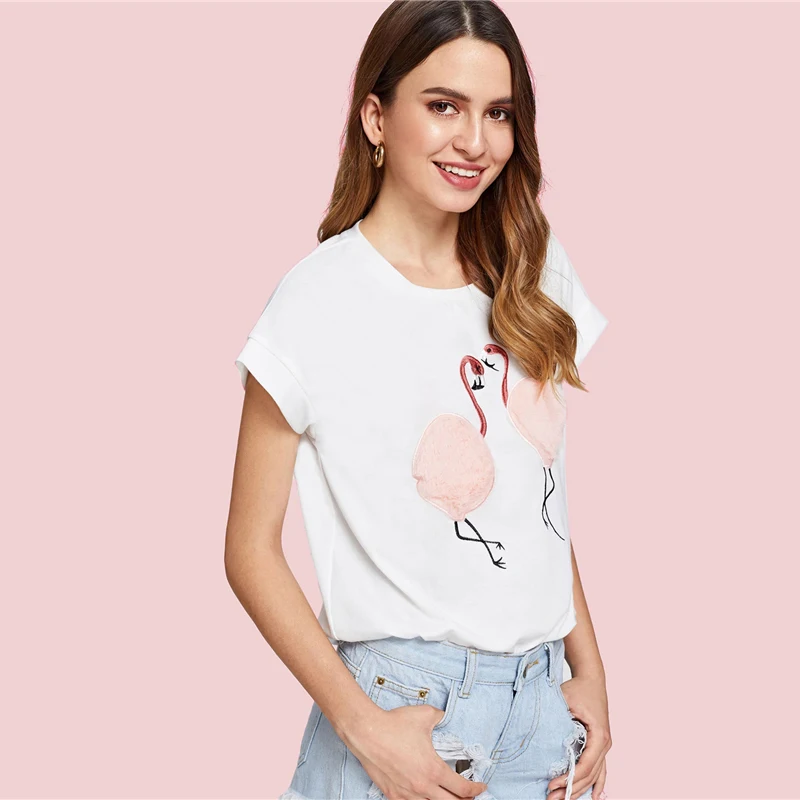 Dotfashion, вышитый фламинго, контрастная Женская футболка из искусственного меха,, летние повседневные женские топы, корейская модная одежда, футболка